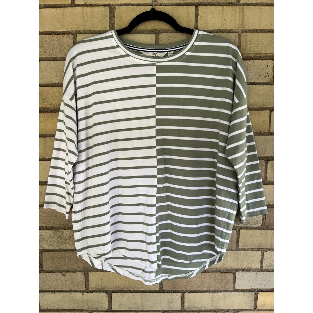 Vineyard Vines Olive Green White Striped Colorblock Knit Top Sz XS Cotton Modal